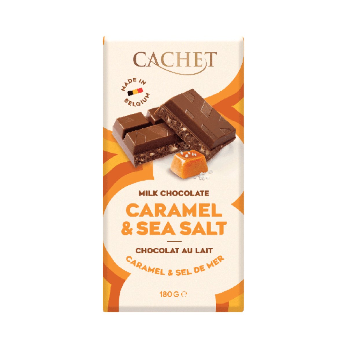 Pieninis šokoladas su karamelės gabalėliais ir jūros druska "CACHET" 180 g