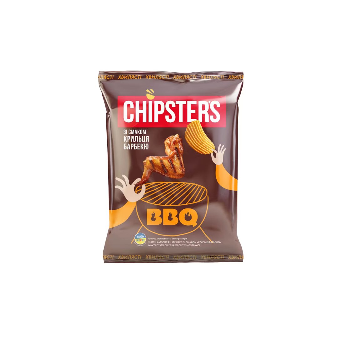 Bulvių traškučiai CHIPSTER'S, banguoti, BBQ vištienos sparnelių skonio, 60 g